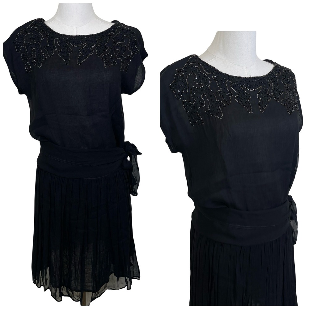 Vintage Moonglow Beaded Drop Waist Dress Women M Black Rayon 80s Does 20s Gatsby